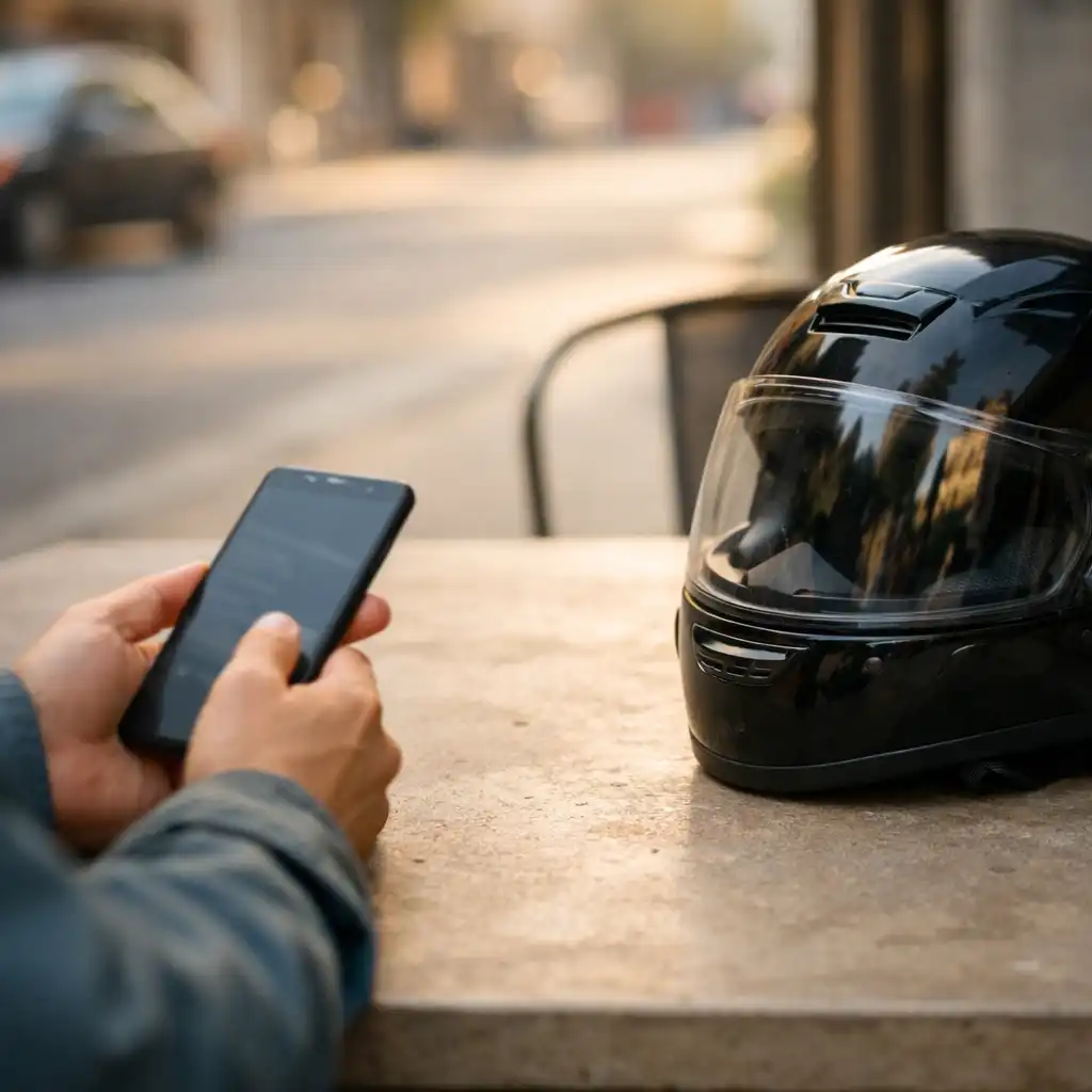 Kézben tartott Android telefon egy motoros sisak mellett, városi asztalon.