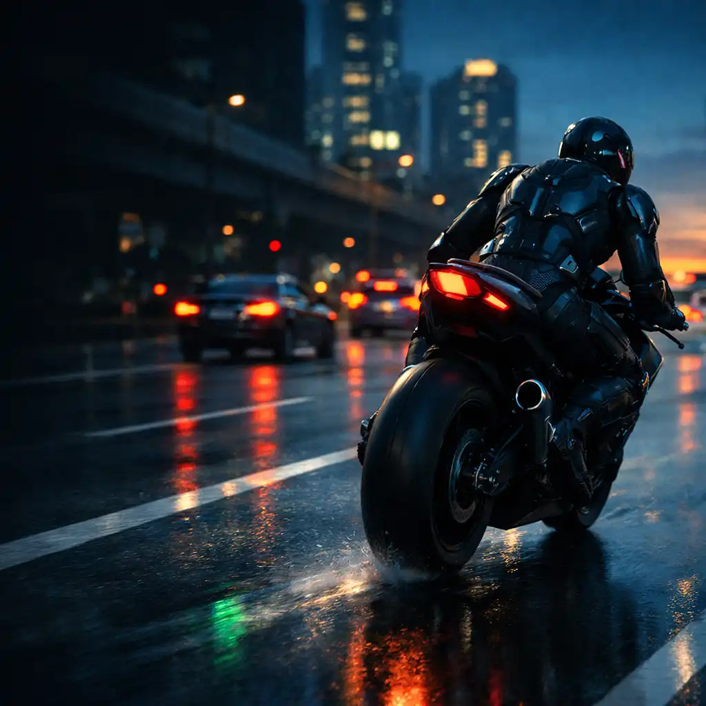 Éjszakai városi úton haladó motoros, fényekkel és útfelfestéssel