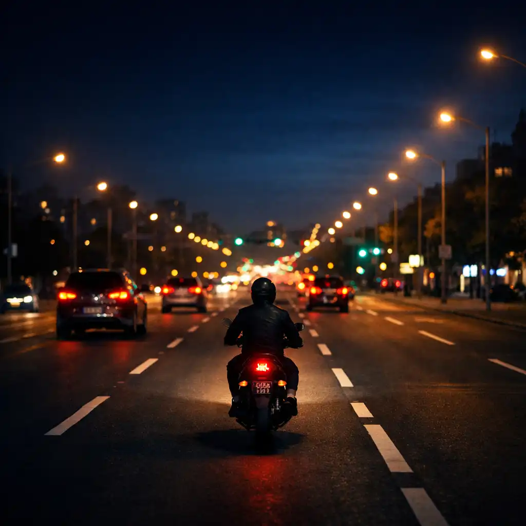 Motoros halad éjszakai városi sugárúton, jól látható sávjelzések között