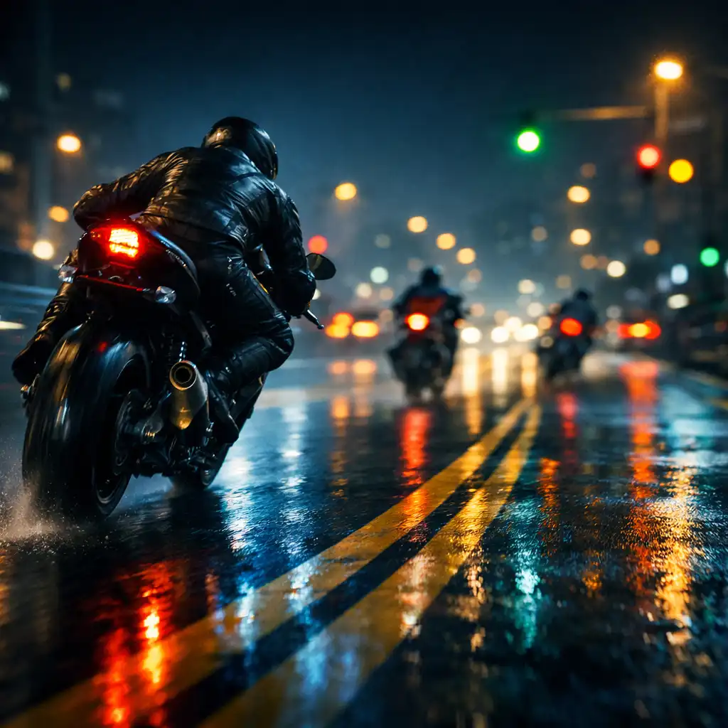 Motor halad éjszakai városi úton, fények és távoli járművek között.