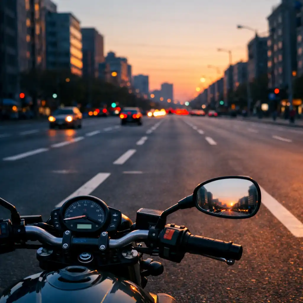 Motor kormánya és visszapillantó tükre egy esti városi út felett, erős útfelfestésekkel.