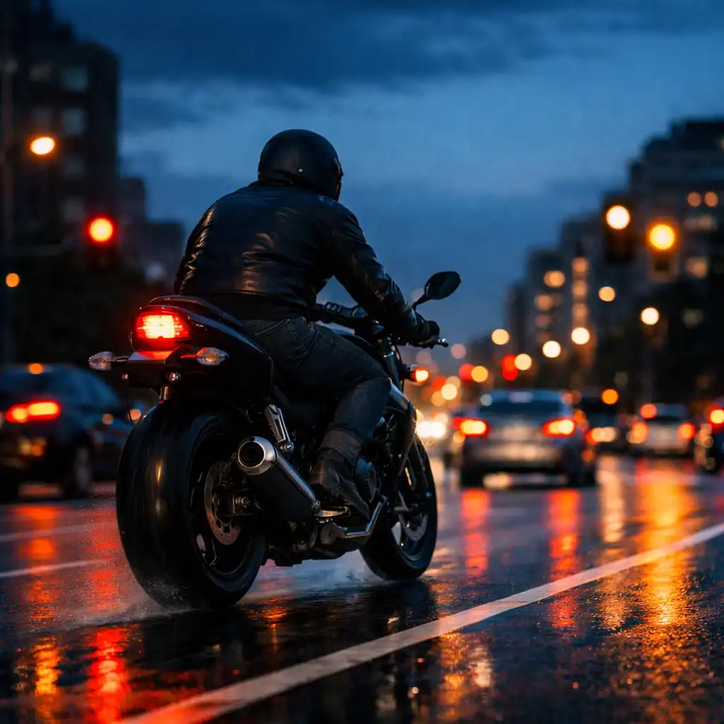 Motoros halad városi forgalomban, nedves aszfalton, esti fények között.