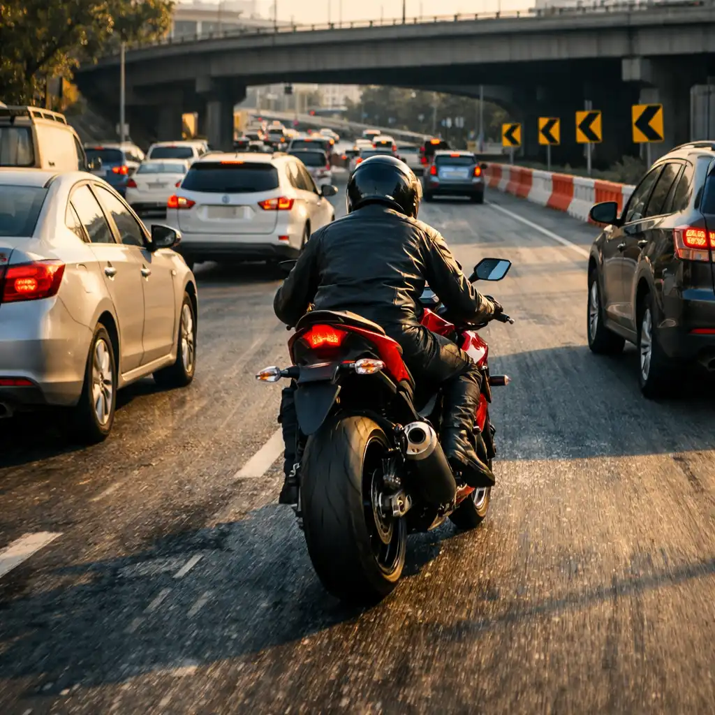 Motoros halad városi forgalomban, több sáv és útburkolati jel között.