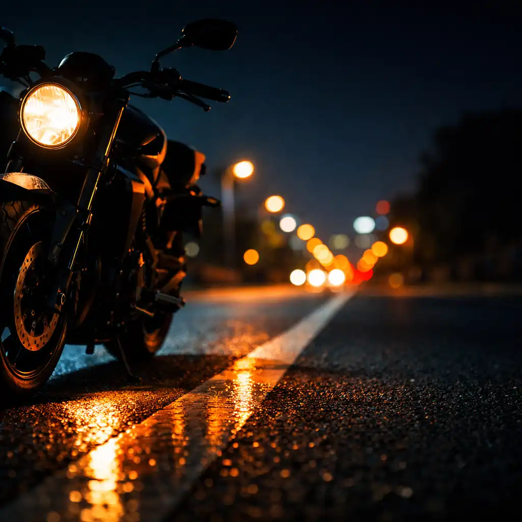 Motor első részlete és fényszórója éjszakai aszfalt felett