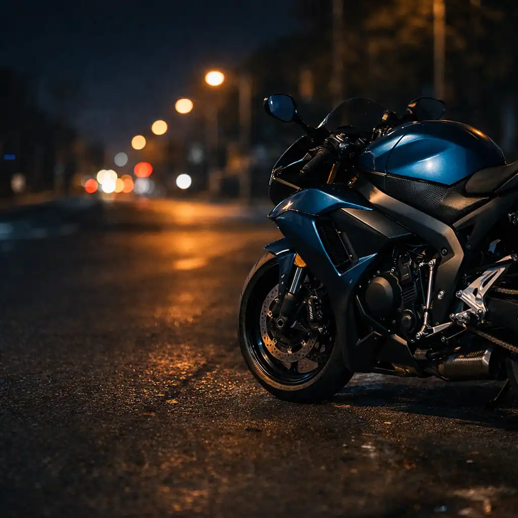 Éjszakai városi út mellett álló motor közeli részlete, fényezéssel, kerékkel és mechanikai felületekkel.