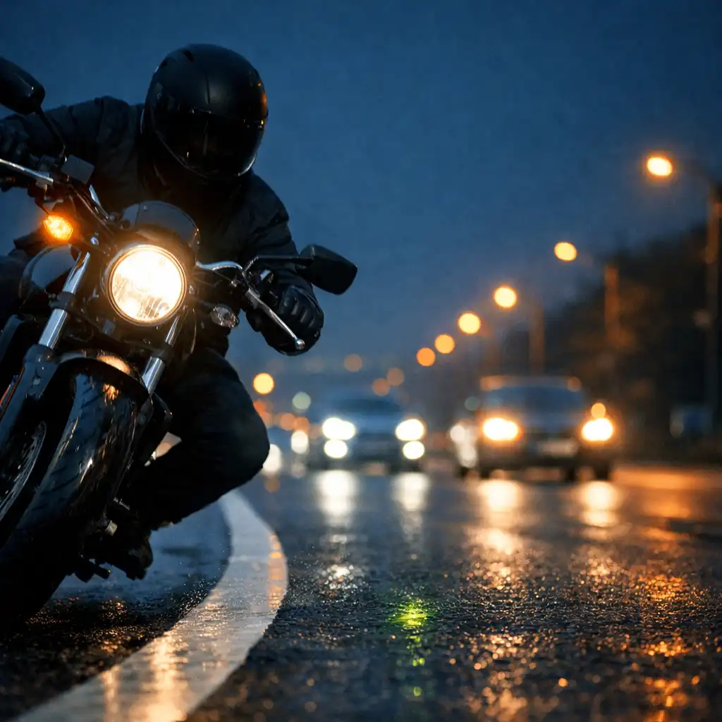 Motoros ellenőrzött sávváltást hajt végre esti városi úton