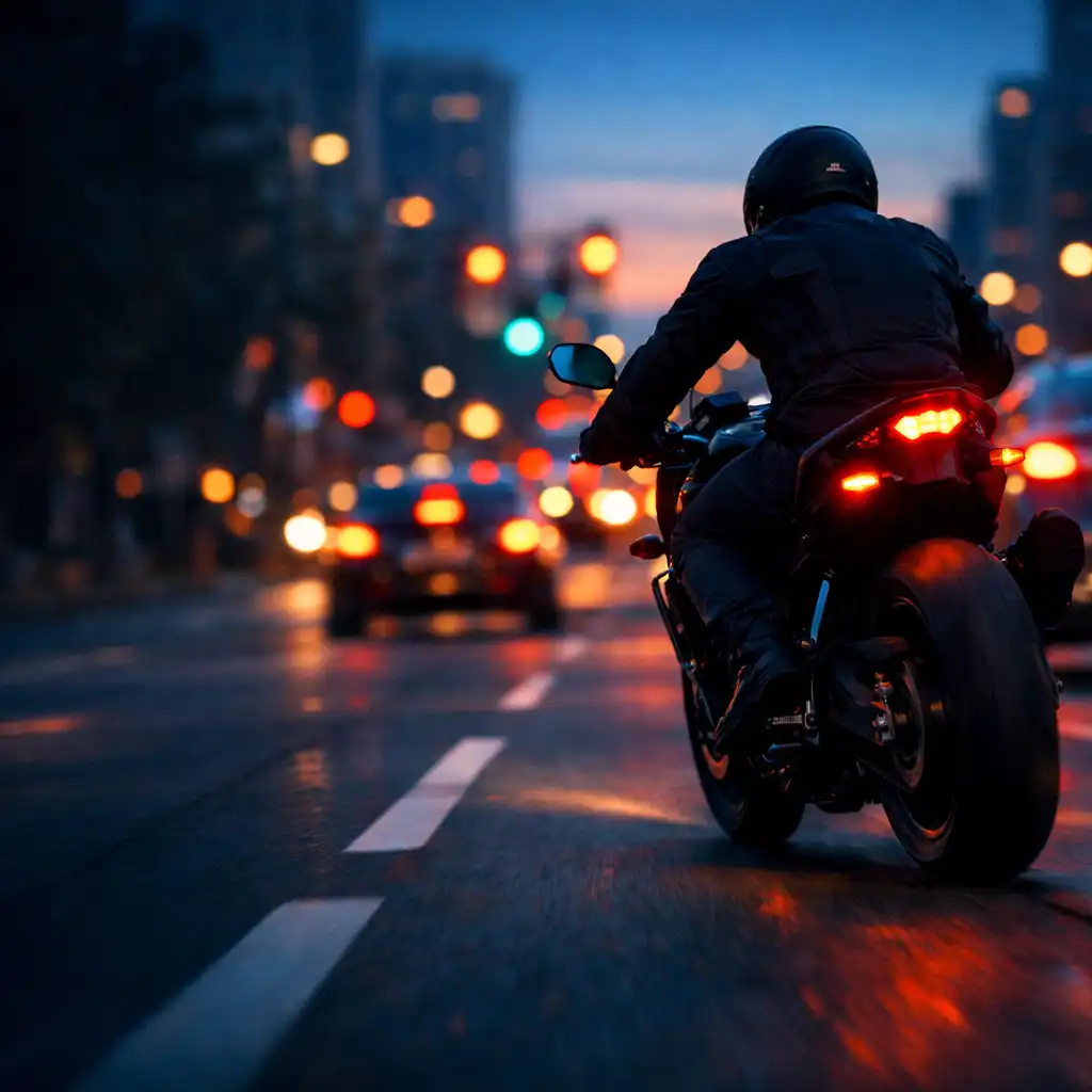 Motoros halad városi forgalomban esti fények között