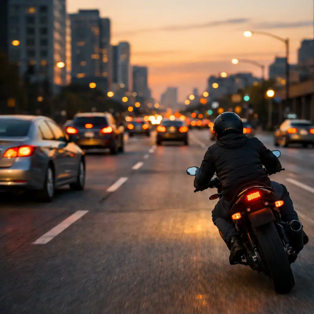 Motoros városi forgalomban, esti fények és sávjelzések között