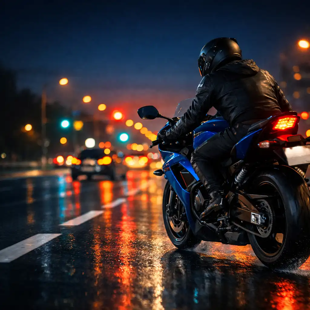Motoros halad éjszakai városi forgalomban, fénylő aszfalton és sávjelzések mellett
