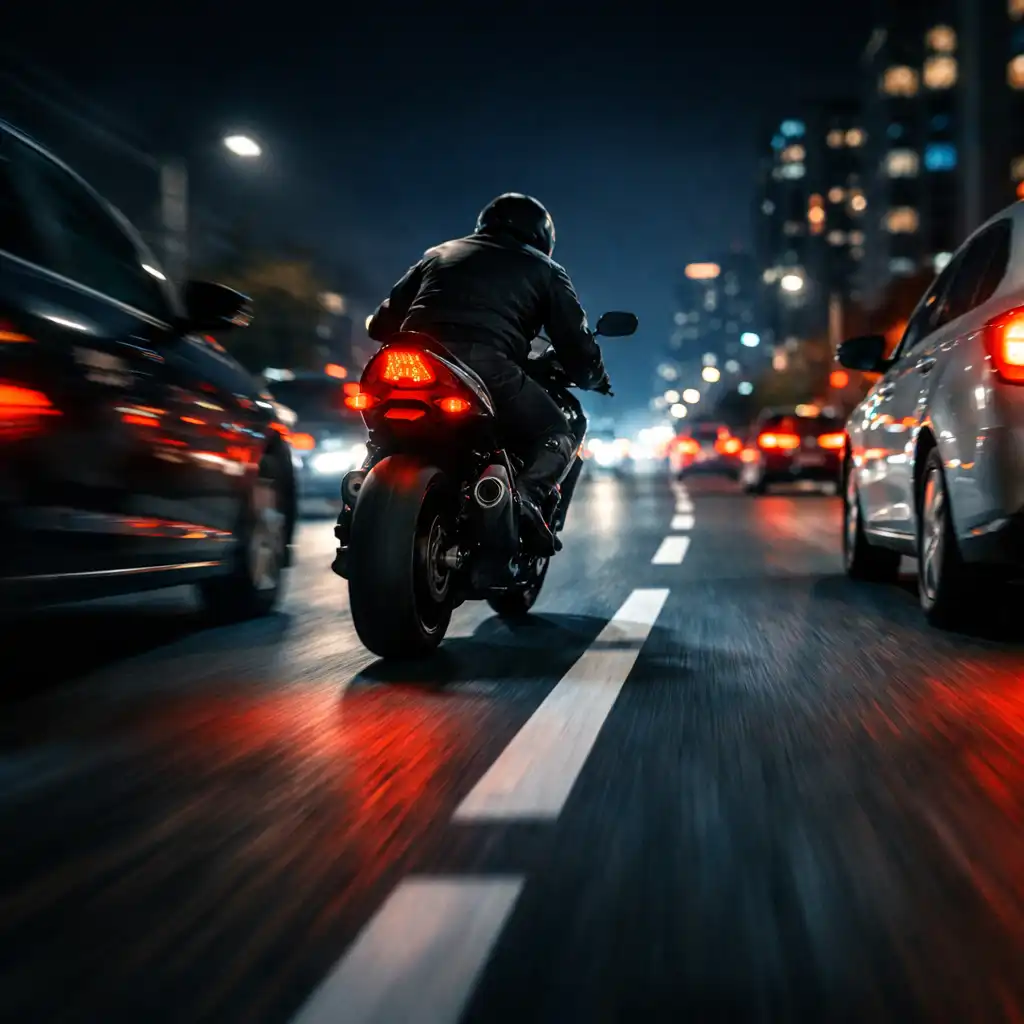 Motoros halad éjszaka a városi forgalomban, fehér sávjelzések és autók között.